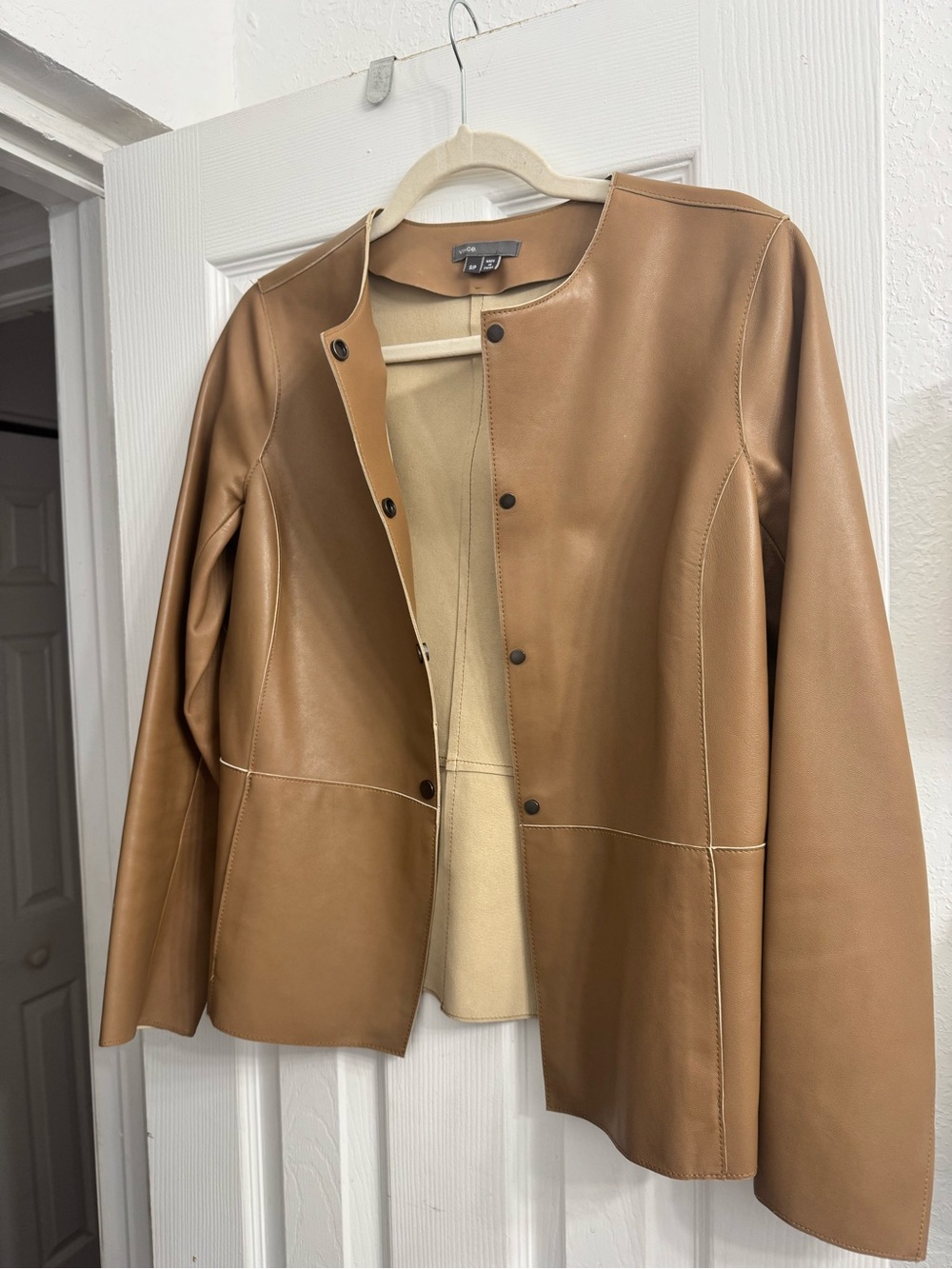 Vince Cognac Brown Leather Snap-Front Jacket